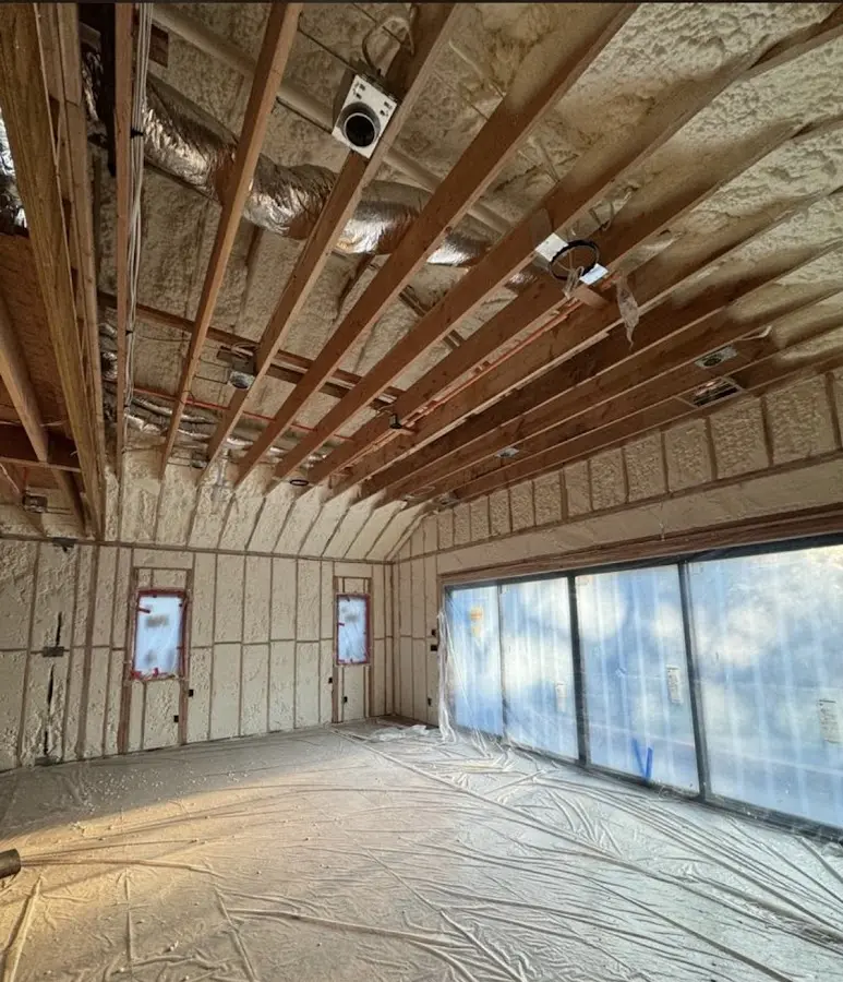 Interior walls and ceiling insulated with spray foam during new construction in Incline Village